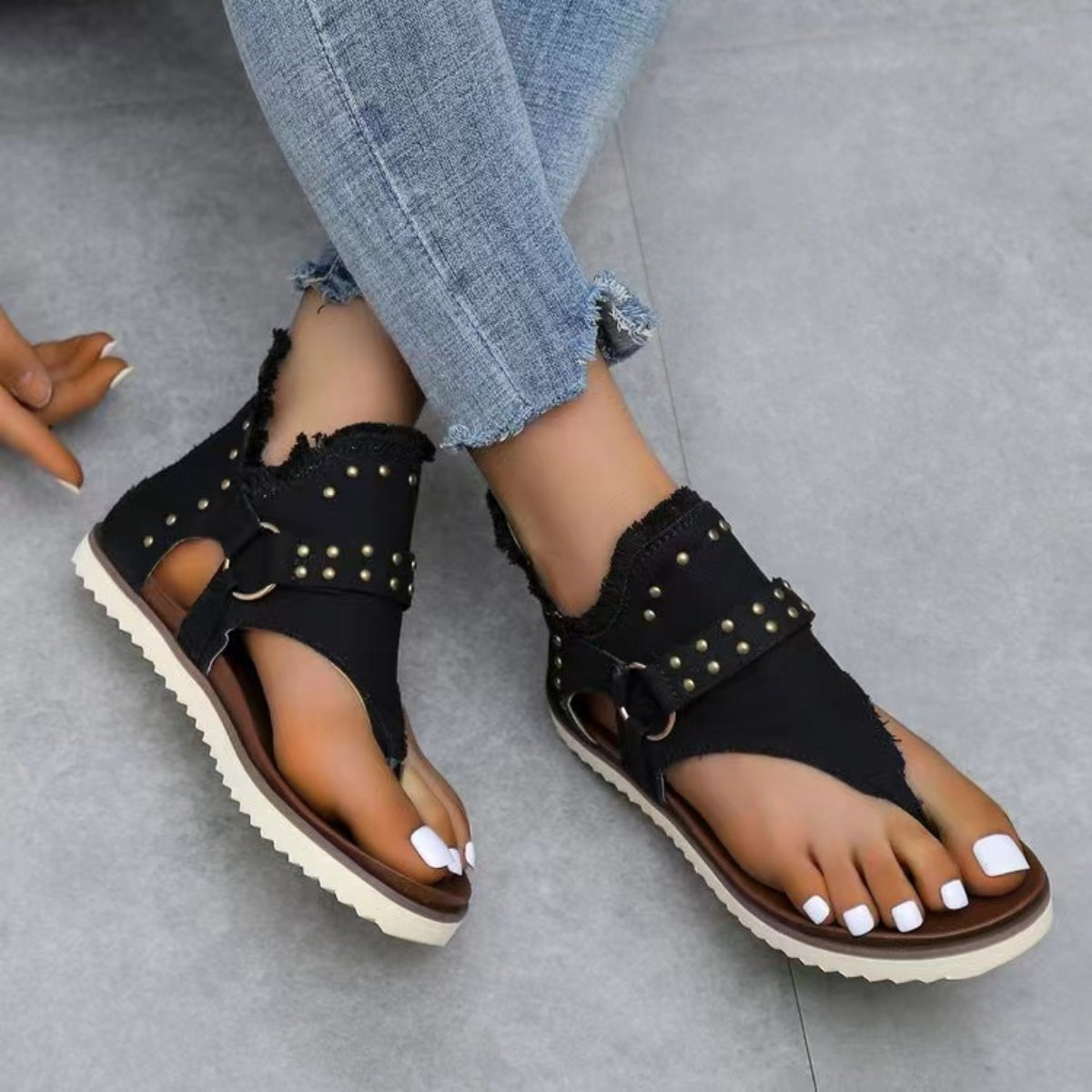 Studded Raw Hem Flat Sandals