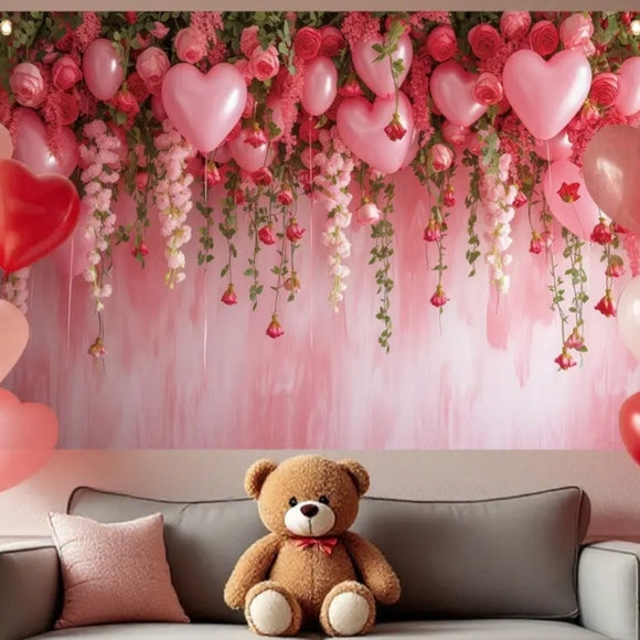 Red & Pink Heart Balloon Flowers Of Love Backdrop/Tapestry V9