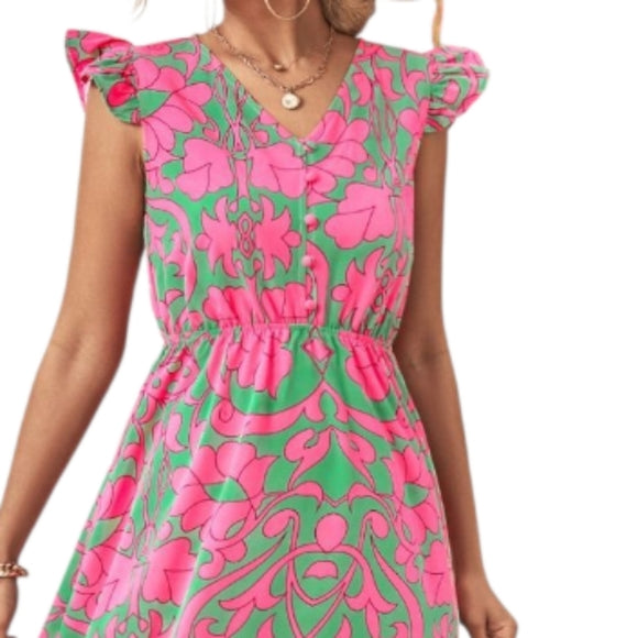 Floral V-Neck Cap Sleeve Dress