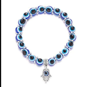 Blue Evil Eye Beaded Bracelet with Hamsa Hand Charm