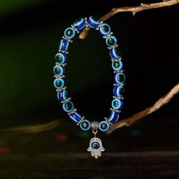 Blue Evil Eye Beaded Bracelet with Hamsa Hand Charm