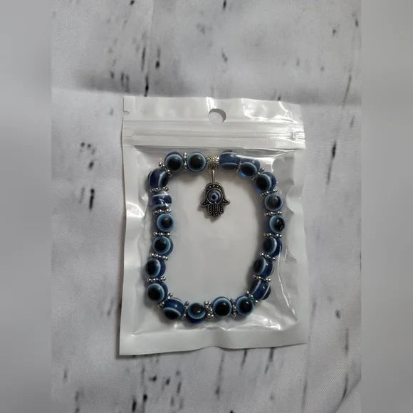 Blue Evil Eye Beaded Bracelet with Hamsa Hand Charm