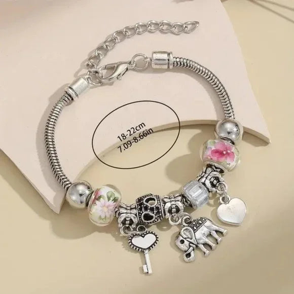 Elephant Key Heart Charm Beaded Bracelet – Boho Silver Adjustable