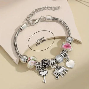 Elephant Key Heart Charm Beaded Bracelet – Boho Silver Adjustable