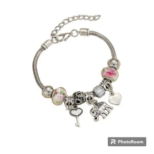 Elephant Key Heart Charm Beaded Bracelet – Boho Silver Adjustable