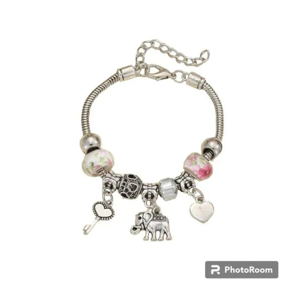 Elephant Key Heart Charm Beaded Bracelet – Boho Silver Adjustable