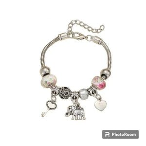 Elephant Key Heart Charm Beaded Bracelet – Boho Silver Adjustable