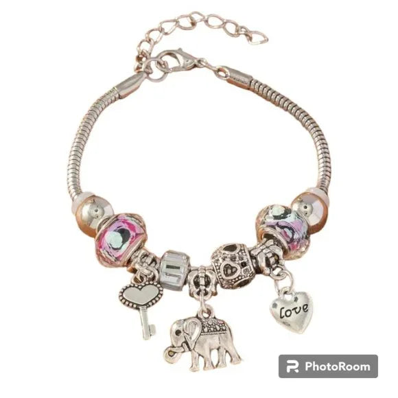 Heart Love Elephant and Key charm bracelet