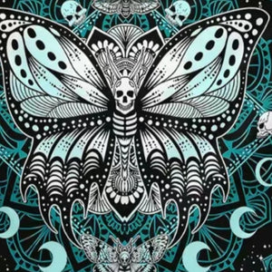 Trippy Skull Teal Butterfly Tapestry