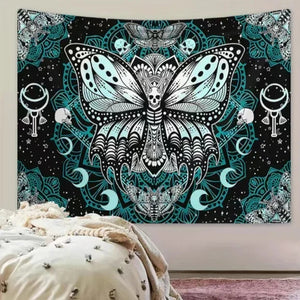 Trippy Skull Teal Butterfly Tapestry