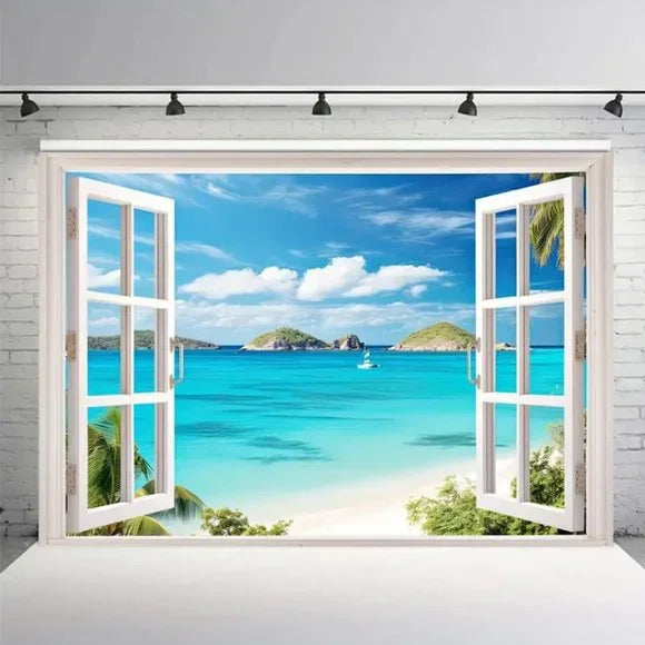 Window View Tropical Island Beach Paradise Tapestry