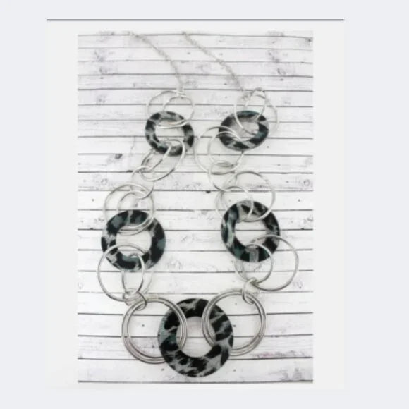 Silvertone Gray Leopard Circle Link Necklace