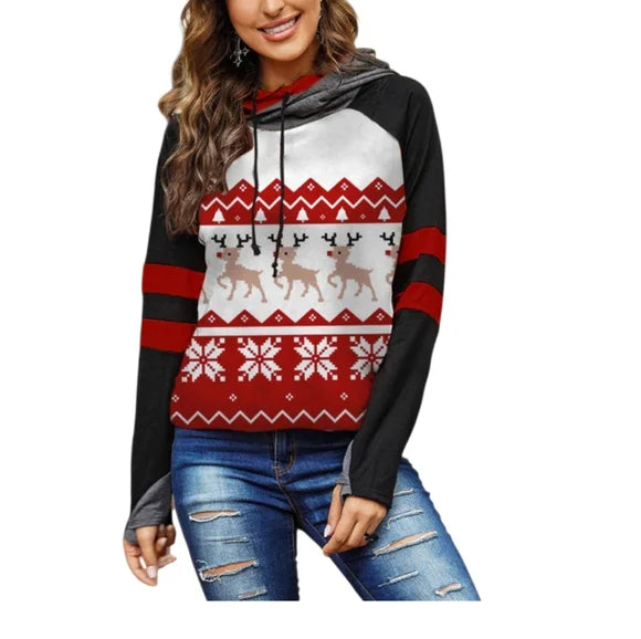 Holiday Reindeer Long Sleeve Hoodie with Drawstring