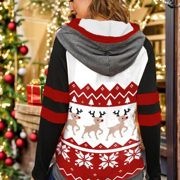 Holiday Reindeer Long Sleeve Hoodie with Drawstring