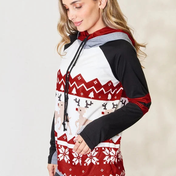 Holiday Reindeer Long Sleeve Hoodie with Drawstring