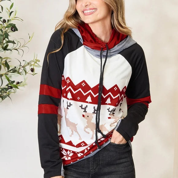 Holiday Reindeer Long Sleeve Hoodie with Drawstring