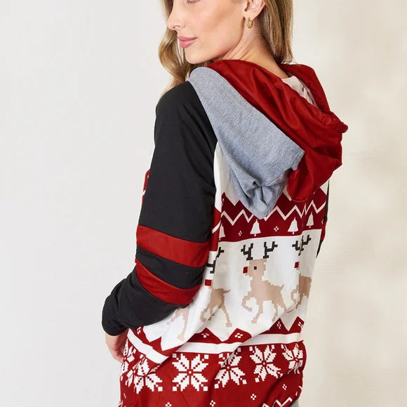 Holiday Reindeer Long Sleeve Hoodie with Drawstring