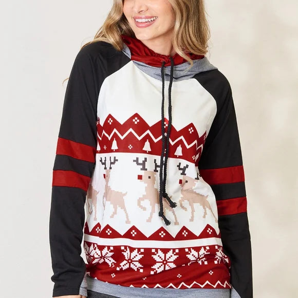 Holiday Reindeer Long Sleeve Hoodie with Drawstring