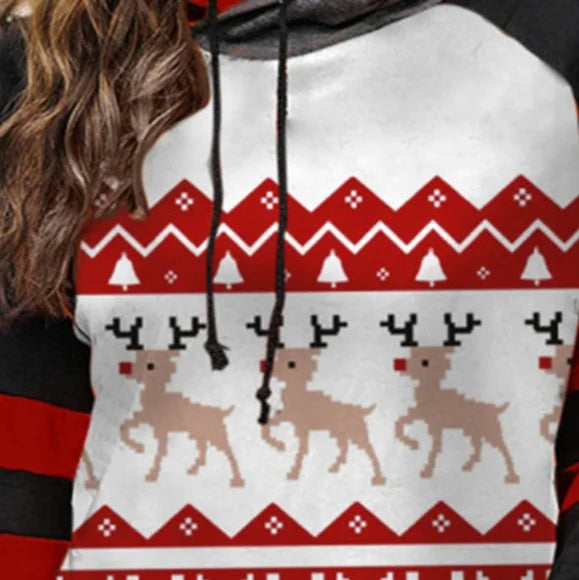 Holiday Reindeer Long Sleeve Hoodie with Drawstring