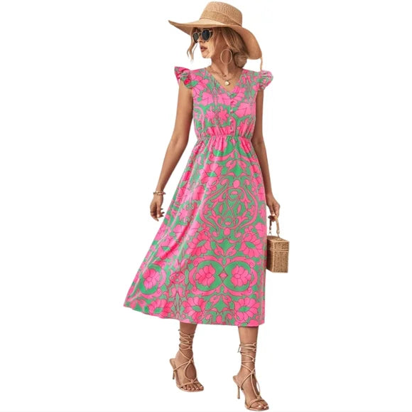 Floral V-Neck Cap Sleeve Dress