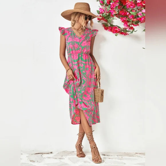 Floral V-Neck Cap Sleeve Dress