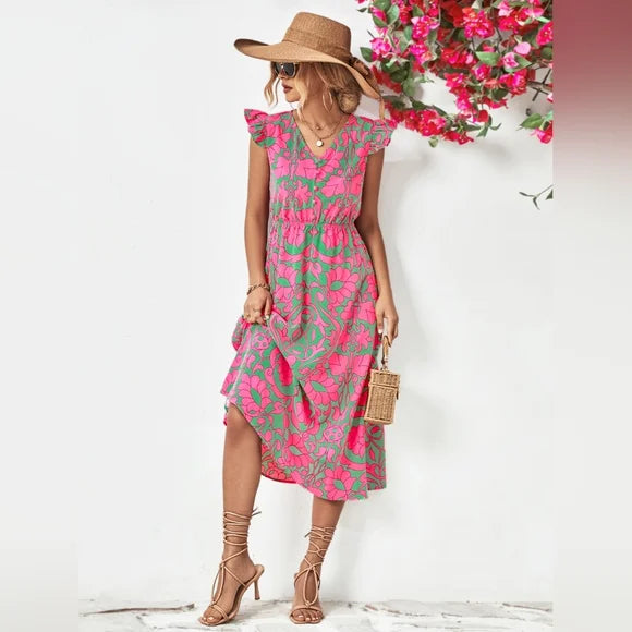 Floral V-Neck Cap Sleeve Dress