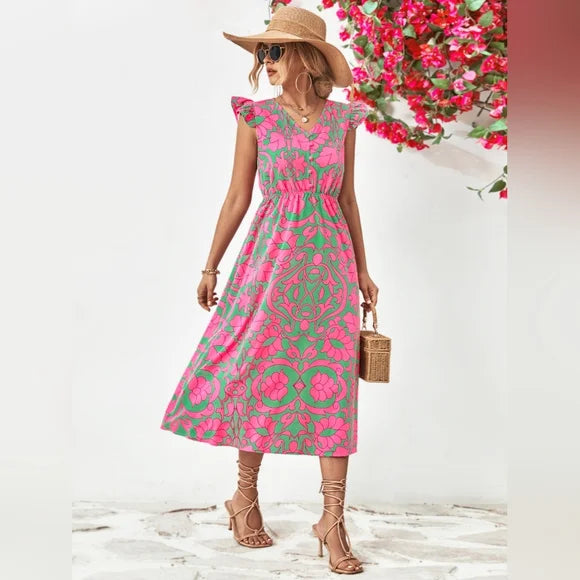 Floral V-Neck Cap Sleeve Dress