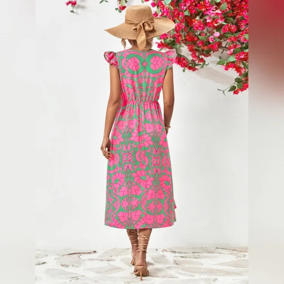 Floral V-Neck Cap Sleeve Dress