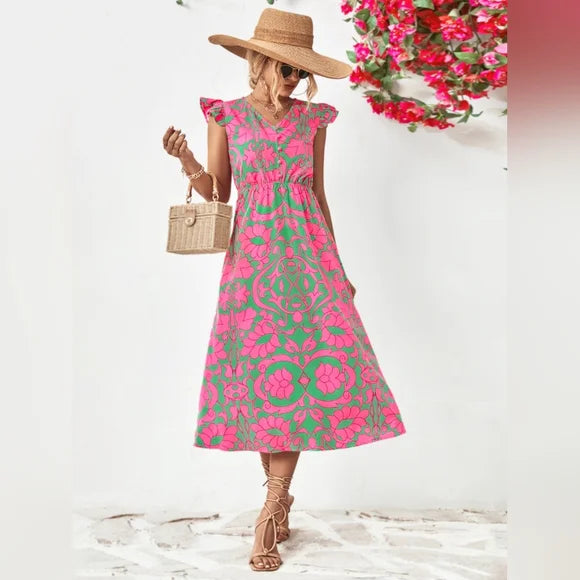 Floral V-Neck Cap Sleeve Dress