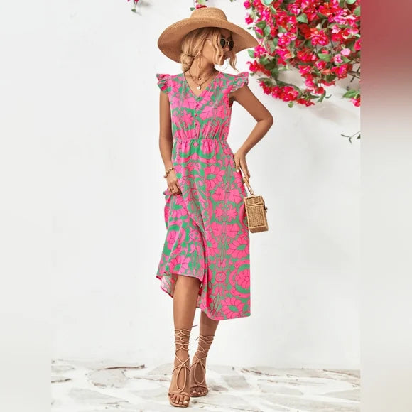 Floral V-Neck Cap Sleeve Dress