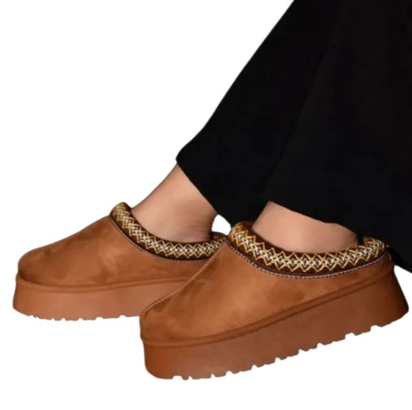 WILD DIVA Embroidered Trim Round Toe Platform Boots