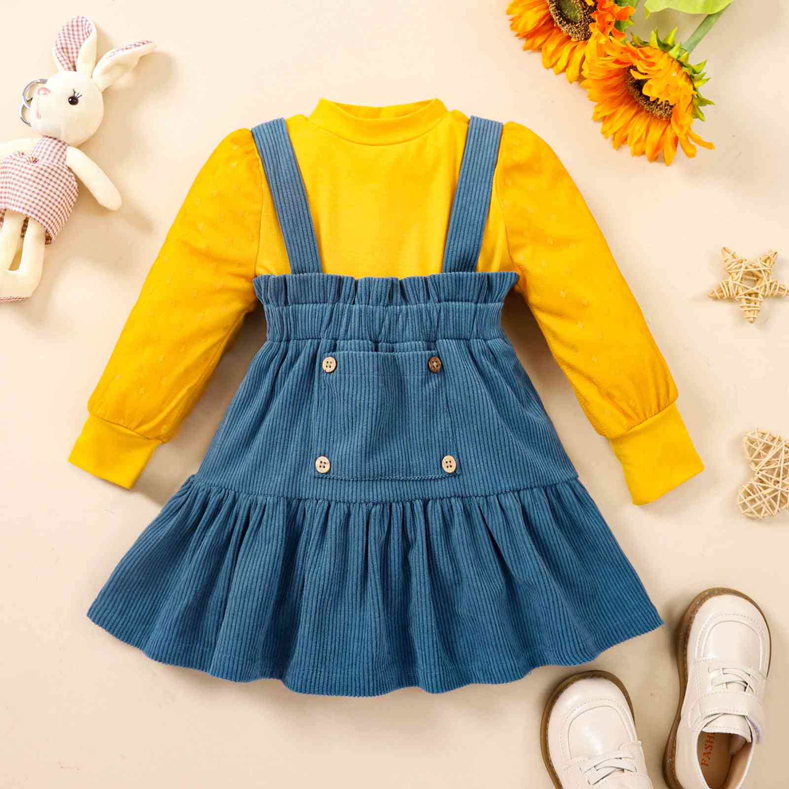 Puff Sleeve Round Neck Top and Buttoned Overall Dress Set