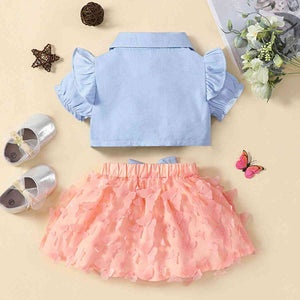 Ruffle Shoulder Shirt and Butterfly Applique Skirt Set