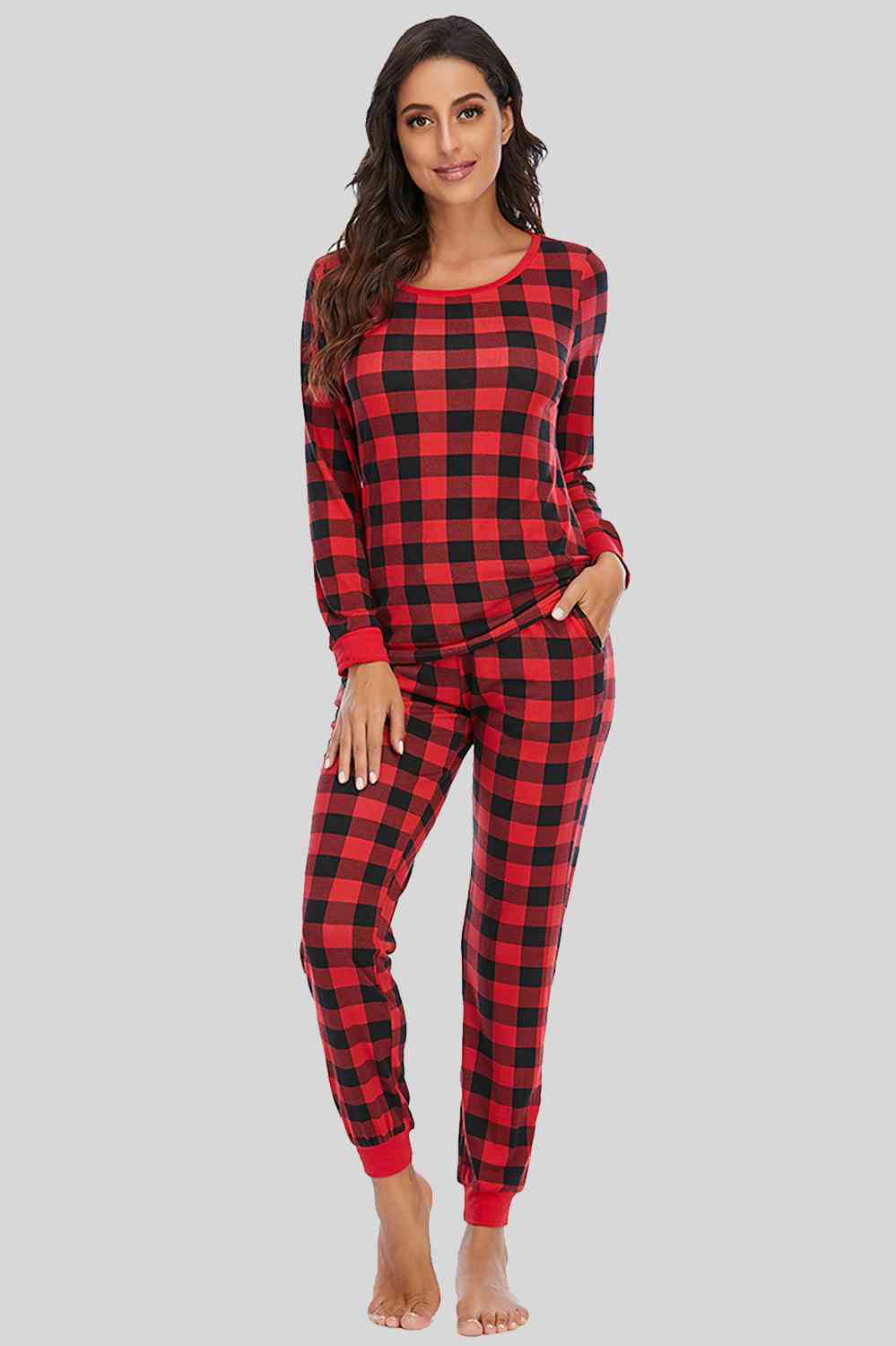 Plaid Round Neck Top and Pants Set