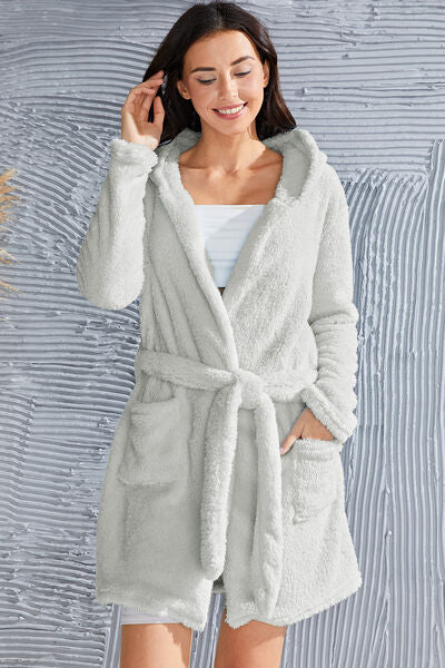 Fuzzy Tied Pocketed Hooded Lounge Nightgown