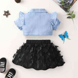 Ruffle Shoulder Shirt and Butterfly Applique Skirt Set