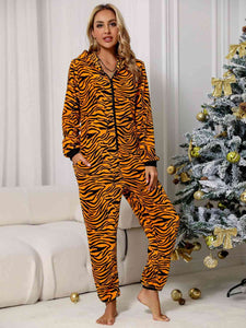Animal Print  Zip Front Lounge Jumpsuit with Pockets