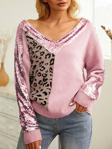 Leopard Sequin V-Neck Long Sleeve Sweater