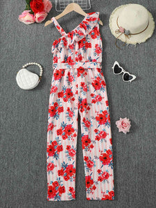 Floral Asymmetrical Neck Tie Belt Jumpsuit