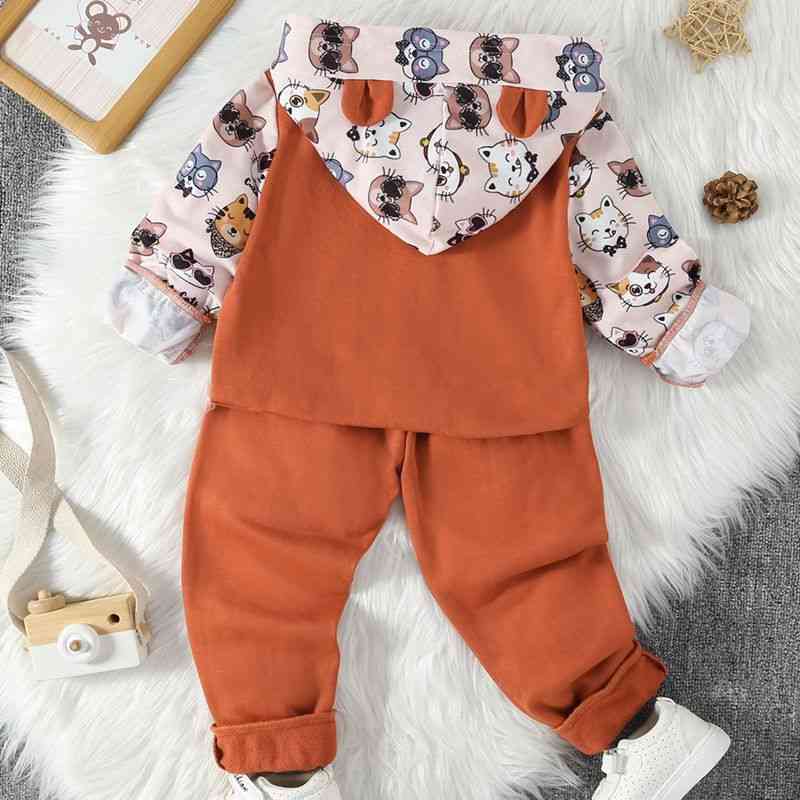 Long Sleeve Cat Pattern Hoodie and Pants Set