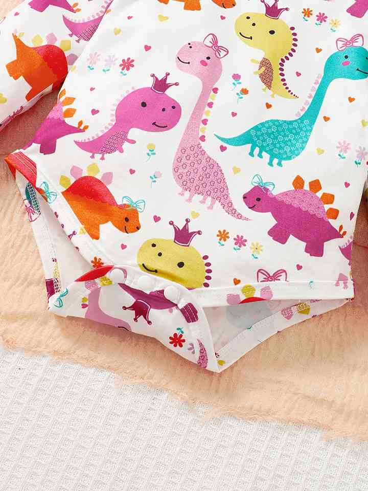 Cute Dinosaur Pattern Top and Buttoned Skirt Set
