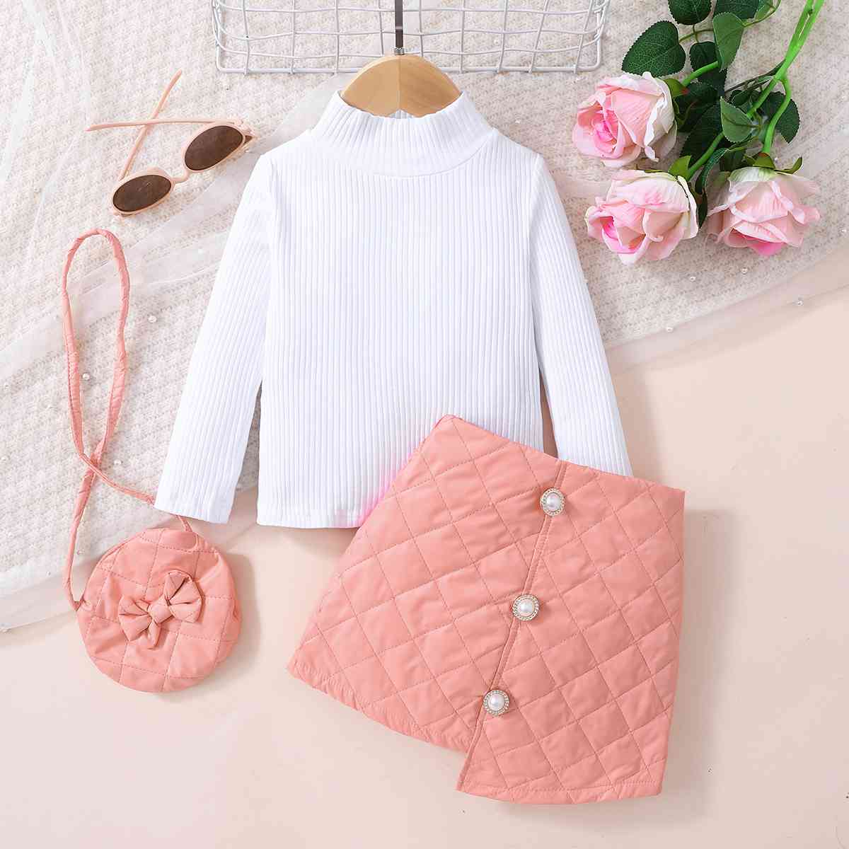 Girls Knit Top and Decorative Button Skirt Set with Bag