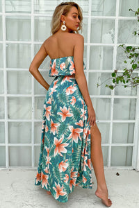 Tropical Print Layered Strapless Maxi Dress with Slit - Edy's Treasures
