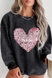 Plus Size Heart Sequin Round Neck Sweatshirt