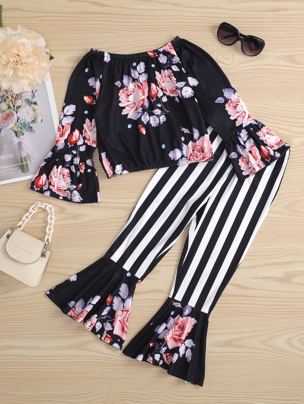 Girls Floral Top and Striped Pants Set - Edy's Treasures